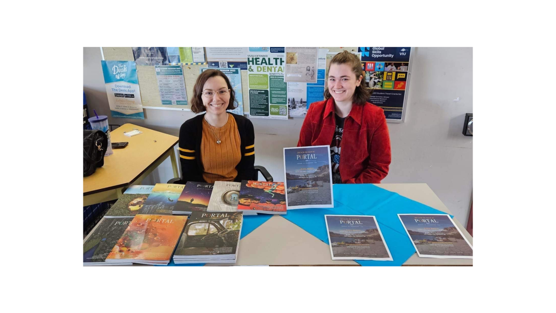 Portal 2023 Masthead selling launch tickets in the B345 Lobby / Left to right: Acquisitions Editor Kirsten Dayne, Fiction Editor Nicole Kaastra / Credit: Liz Baltzer
